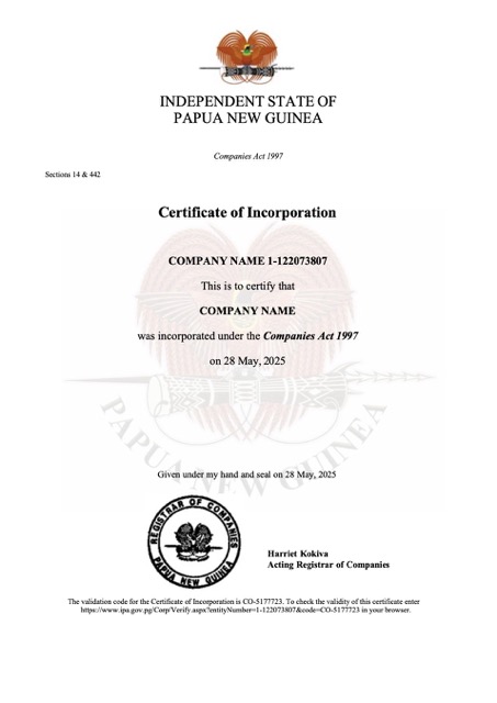Papua New Guinea certificate of incorporation Word and PDF template